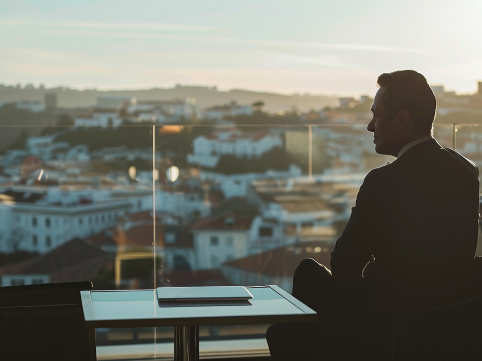 Hombre de negocios sentado en una terraza con vista a una ciudad contemplando la vista urbana al atardecer. Sobre la mesa frente a él hay un ordenador portátil cerrado.